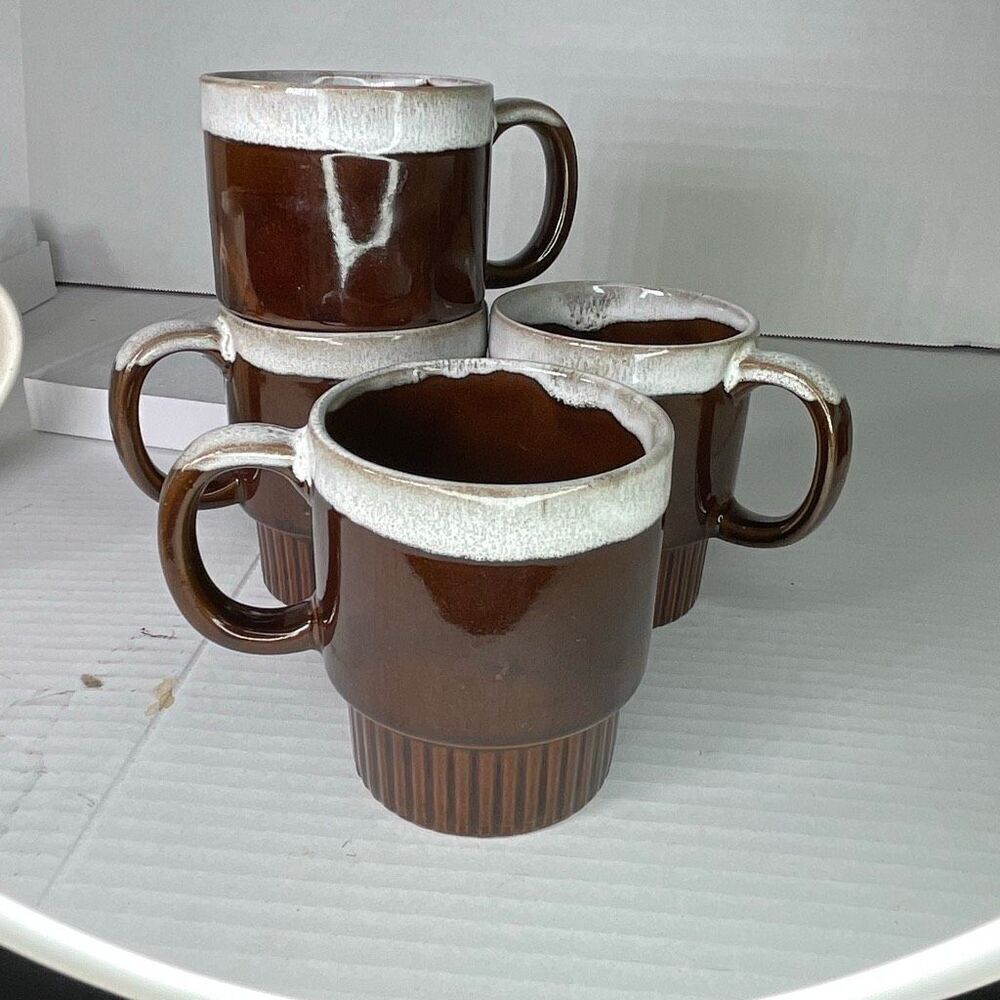 Lot of 4 drip glaze stackable Midcentury cups Japan chip